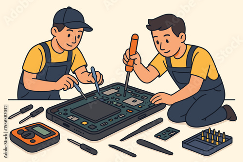 Cartoon technicians repairing a smartphone motherboard. Team of engineers working on phone diagnostics. Electronics repair service concept with workers and precision tools. Vector.