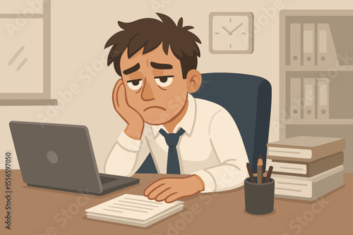Bored unmotivated office worker sitting at desk with laptop, paperwork, and books. Burnout, lack of motivation, workplace stress, low productivity, business fatigue, corporate job dissatisfaction