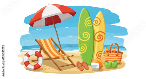 Summer Beach Scene with Umbrella, Surfboards, and Picnic Items Vector Illustration