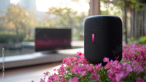 Black smart speaker sits amidst pink flowers.