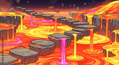 Volcanic Stepping Stones A Cartoonish Landscape of Flowing Lava and Floating Islands in a Fiery Realm
