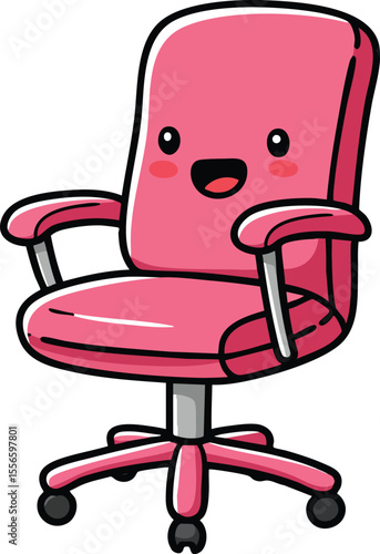 Pink office chair cartoon smiling vector illustration with wheels and armrests for workspace comfort