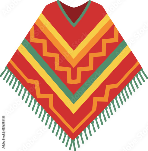 Traditional colorful poncho with geometric patterns and fringes vector illustration for cultural and fashion designs