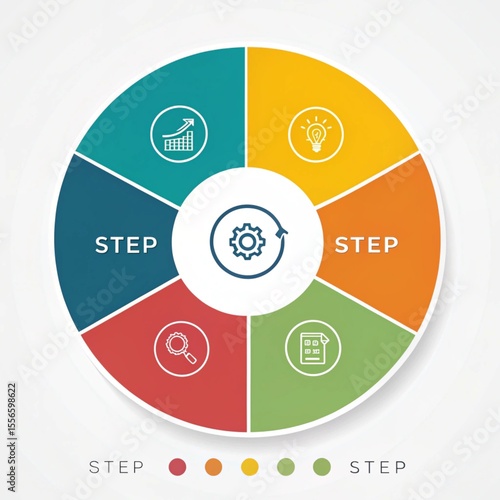 Colorful circular infographic template with 5 steps and icons inside each section, clean flat style with editable text areas.