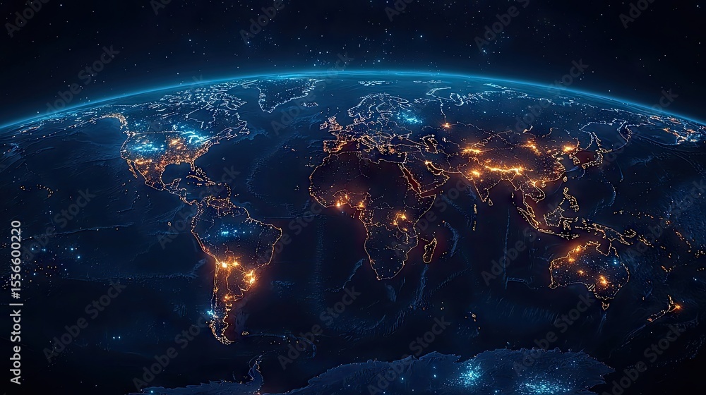 Obraz premium Global view of urban lights illuminating the world from space.