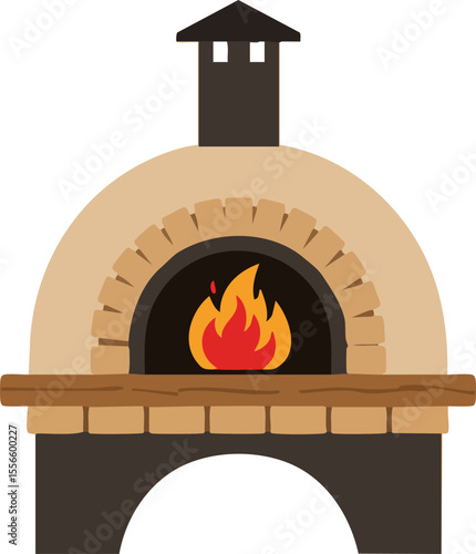 Outdoor wood fired oven with burning fire vector illustration for cooking pizza and baking bread