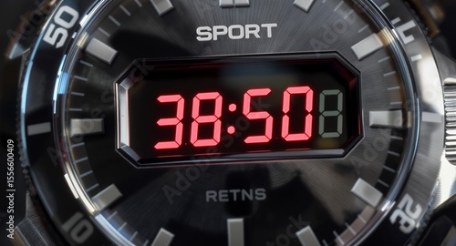Closeup of a digital sport watch displaying time in red LED digits