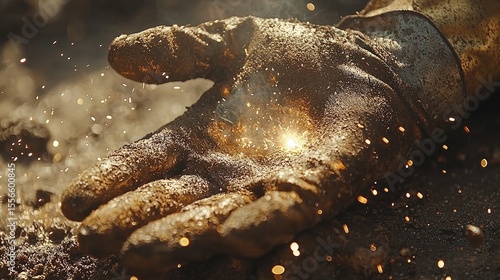 Close-up of a hand wearing a dirty work glove during welding.
