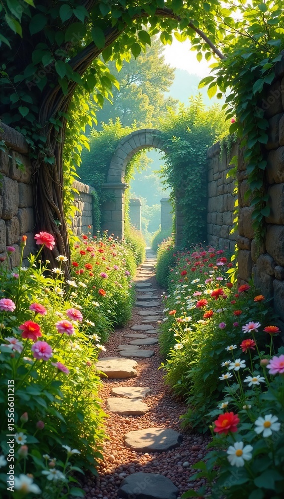 Fototapeta premium Sun-Drenched Path Leading to a Forgotten Garden Wildflowers, Ancient Stones, and Serene Tranquility