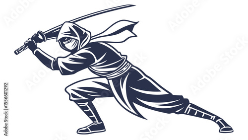 Silhouette of a Ninja Warrior in Action with Katana Sword.