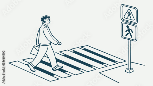 Businessman Crossing Pedestrian Crossing with Sign.