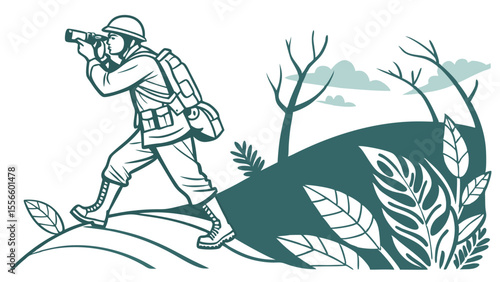 Soldier Hiking with Binoculars in a Scenic Landscape.