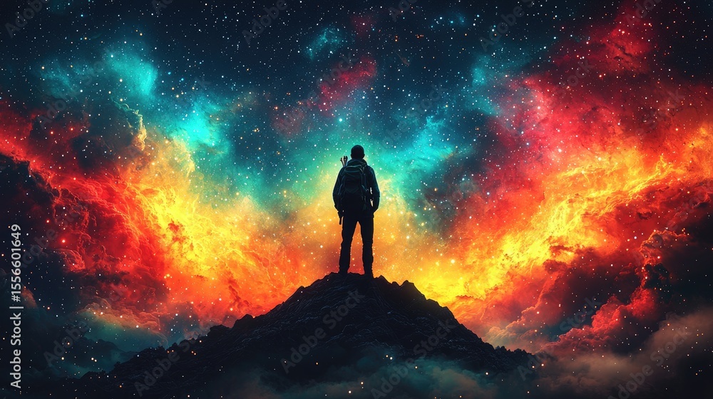 Fototapeta premium Silhouette of a person standing on a mountaintop, gazing at a vibrant night sky filled with stars and nebulae.