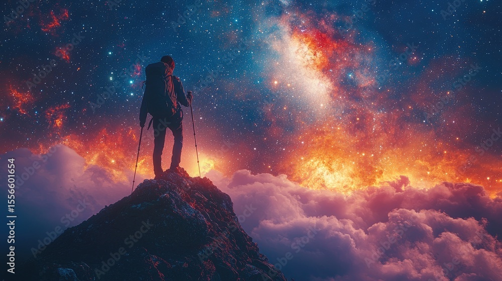 Fototapeta premium Lone figure stands atop a mountain peak, gazing at a vibrant night sky filled with stars and nebulae.