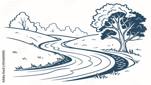 Serene River Winding Through Lush Green Landscape with Tree.