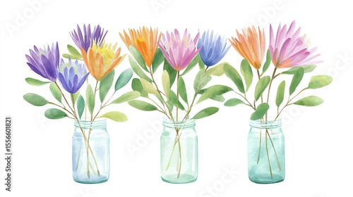 Wallpaper Mural Colorful wildflowers in vintage mason jars bring a sense of peaceful summer joy depicted with watercolor texture and a Torontodigital.ca