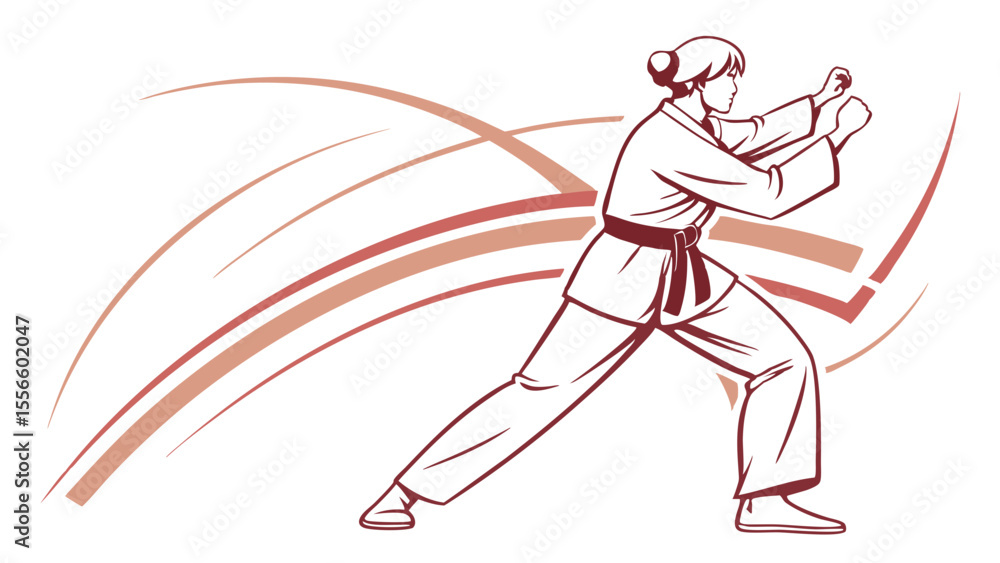 Obraz premium Woman in Karate Stance with Abstract Lines Illustration.