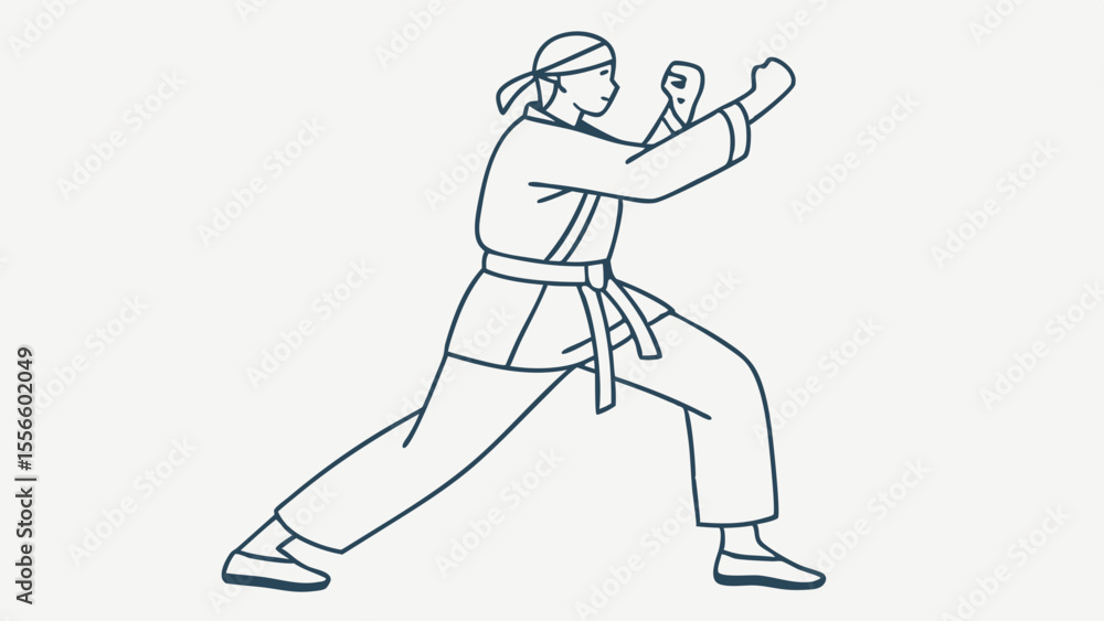 Karate Practitioner in a Low Stance Line Art Illustration. Karate Practitioner in a Low Stance Line Art Illustration.