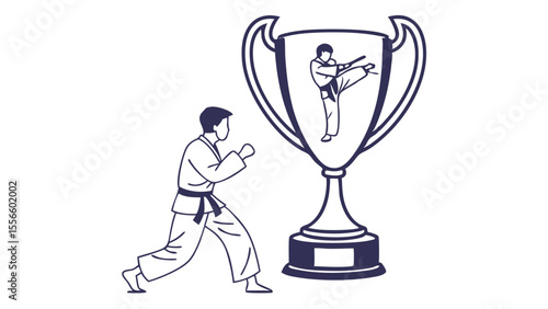 Karateka Approaching Championship Trophy Illustration.