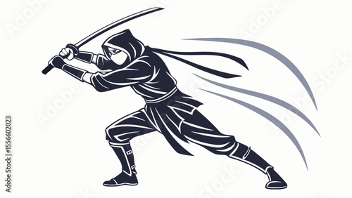 Silhouette of a Ninja in Action with Katana Sword.