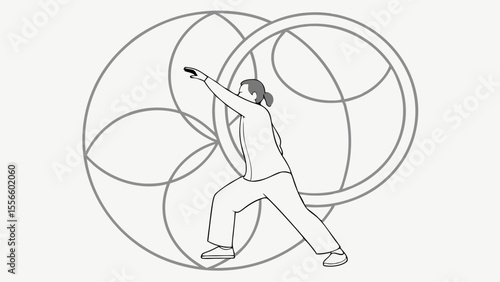 Silhouetted Figure in Tai Chi Pose with Abstract Design.