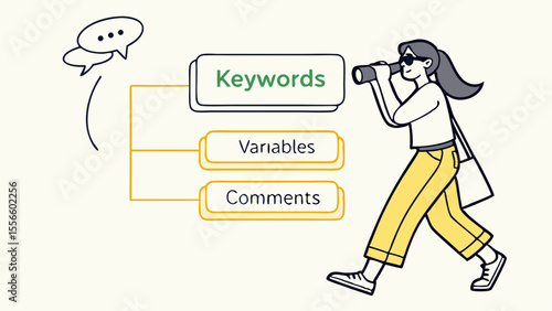Woman Searching for Keywords with a Monocular and Diagram.