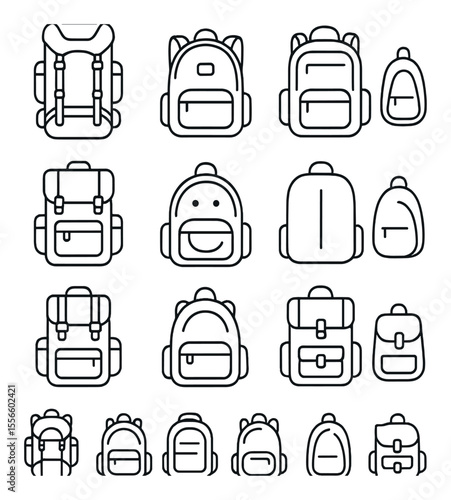 Backpack icons set – outline, bag graphics and travel pack symbols for design