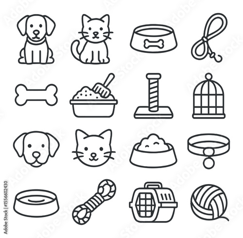 Pet care outline icons set - simple, animal and veterinary symbols for design