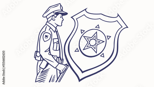 Police Officer with Protective Shield Line Art Illustration.