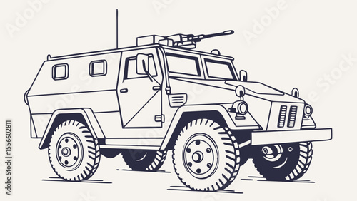Detailed Line Art Illustration of Military Armored Vehicle.