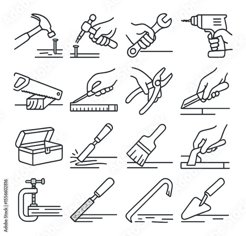 Hand tools line icons set – simple, diy and repair symbols for construction projects