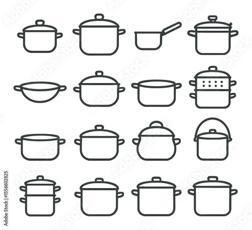 Cookware and kitchen line icons set – simple, utensil and pot collection graphics
