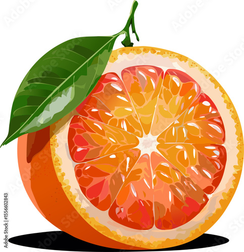 Fresh and juicy orange slice with a green leaf. The orange looks ripe and delicious. The perfect healthy snack.