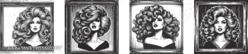 Dotted halftone stipple vector bundle of fashionable woman with voluminous hair in vintage ornate frame, retro black ink illustration, textured engraving sketch silhouette design