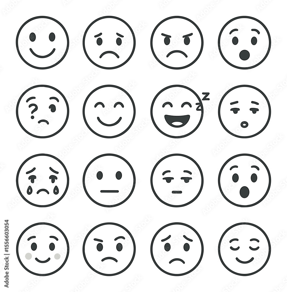 Emotive faces linear icons set – simple, expressive and mood symbol designs Emotive faces linear icons set – simple, expressive and mood symbol designs