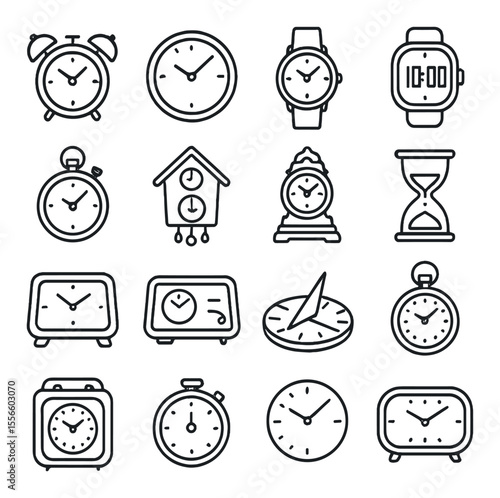 Clock and timekeeping icons set – outline, timepieces and watches graphic elements