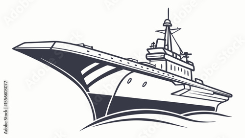 Powerful Aircraft Carrier at Sea Line Art Illustration.