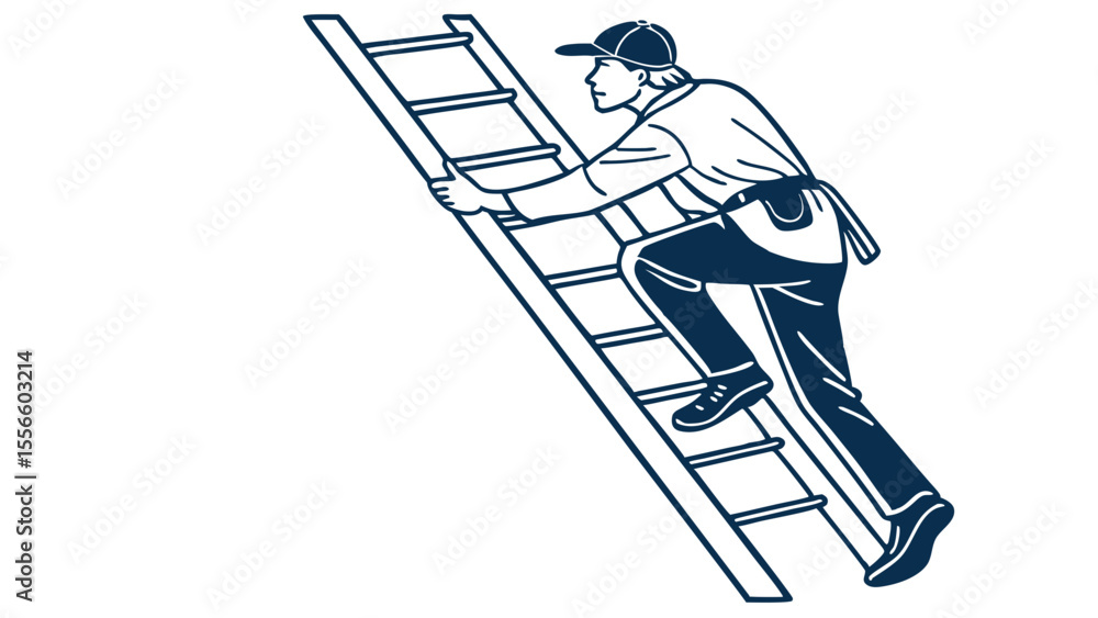Obraz premium Line art illustration of a worker climbing a ladder.