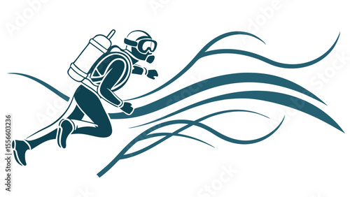 Stylized Scuba Diver with Tank and Water Waves Illustration.