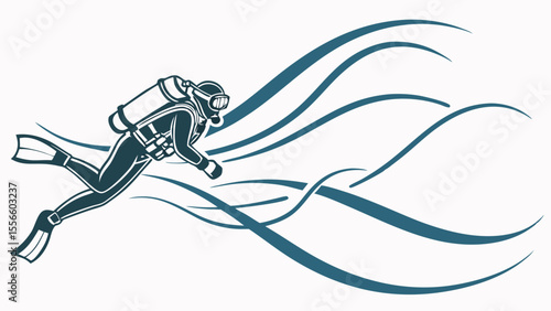 Scuba Diver in Dynamic Underwater Motion Stylized Illustration.