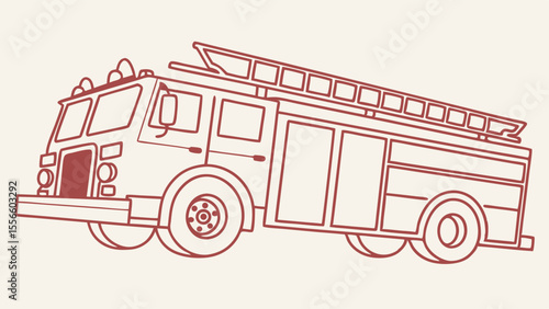 Detailed Line Drawing of a Fire Truck with Ladder.