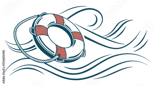 Stylized Lifebuoy with Rope and Waves Illustration on Transparent Background.