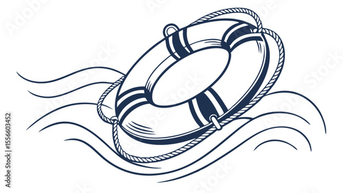 Nautical Life Preserver Ring on Ocean Waves Illustration.