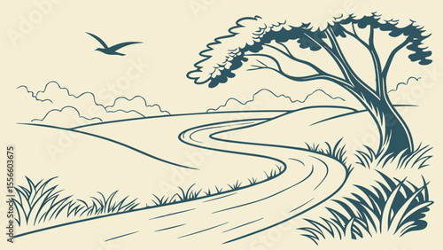 Handdrawn landscape with winding road tree bird and clouds.