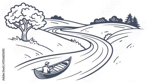 Canoeist Paddling Down a Winding River Through a Landscape.