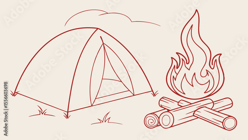 Camping Scene Tent Bonfire and Clouds Outline Illustration.