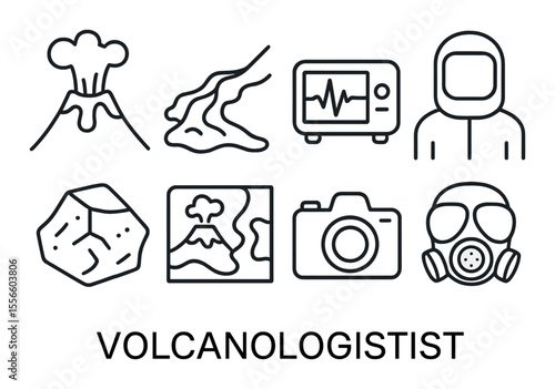 Volcanologist tools icons set – simple line style, geology and scientific symbols