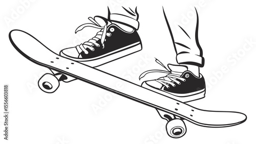 Skateboarders Feet and Skateboard in Monochrome Illustration.