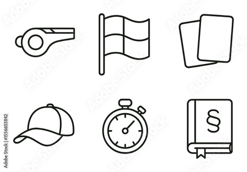 Referee tools line icons set – simple, sport and game officiating symbols