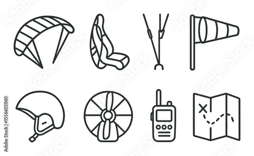 Paramotor equipment icons set – outline, aviation, paragliding symbols for adventures